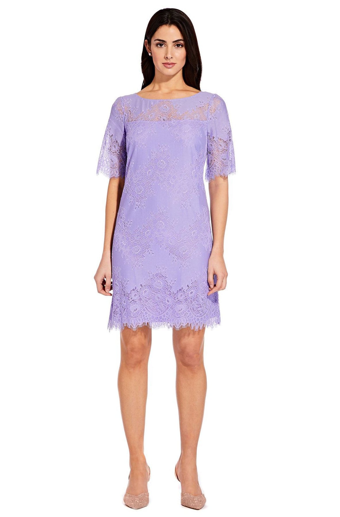 Adrianna Papell AP1D10322 - Short A-Line Dress - Short Sleeves, Floral Lace, Back Zipper, A-Line Skirt, Scalloped Hem, Eyelash Trim ADASA Adrianna Papell AP1D10322 - Short A-Line Dress - Short Sleeves, Floral Lace, Back Zipper, A-Line Skirt, Scalloped Hem, Eyelash Trim ADASA