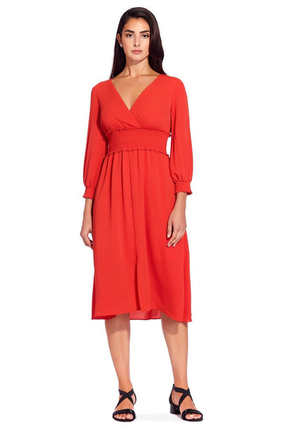 Adrianna Papell - AP1D103500 Long Sleeve V-neck Ruched A-line Dress In Orange
