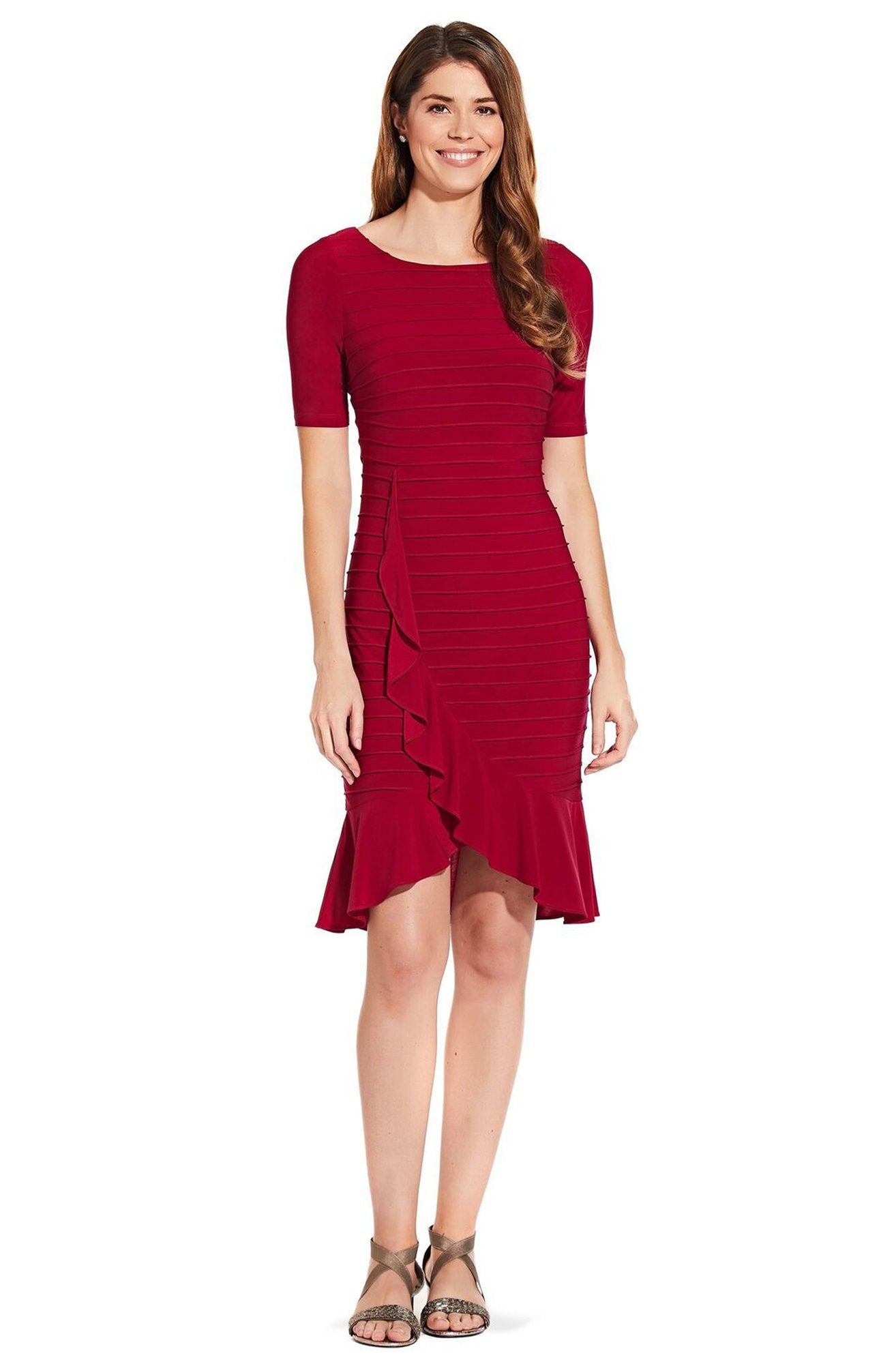 Adrianna Papell - AP1D103506 Bateau Ribbed Jersey Sheath Dress In Red
