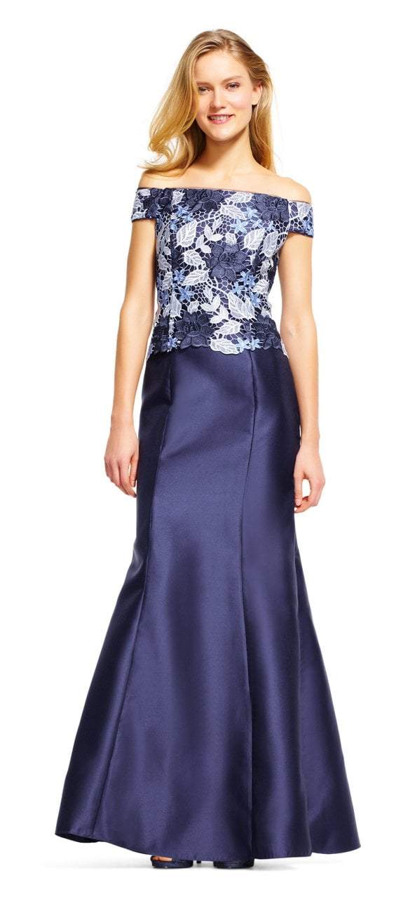Adrianna Papell - AP1E201247 Off Shoulder Guipure Lace Mikado Gown in Blue