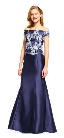 Adrianna Papell - AP1E201247 Off Shoulder Guipure Lace Mikado Gown in Blue