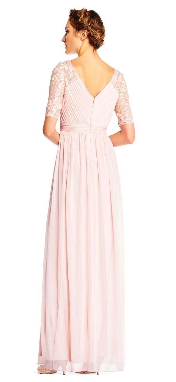Adrianna Papell - AP1E201417 Half Sleeve Pin-Tucked Bodice Long Gown in Pink