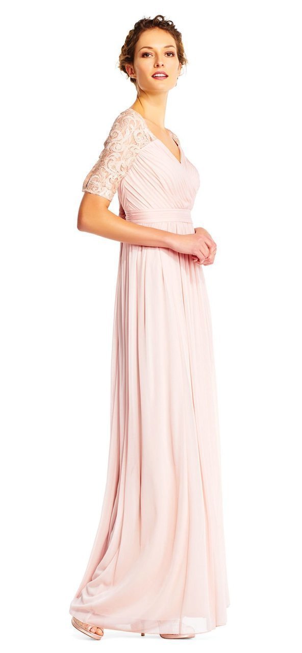 Adrianna Papell - AP1E201417 Half Sleeve Pin-Tucked Bodice Long Gown in Pink