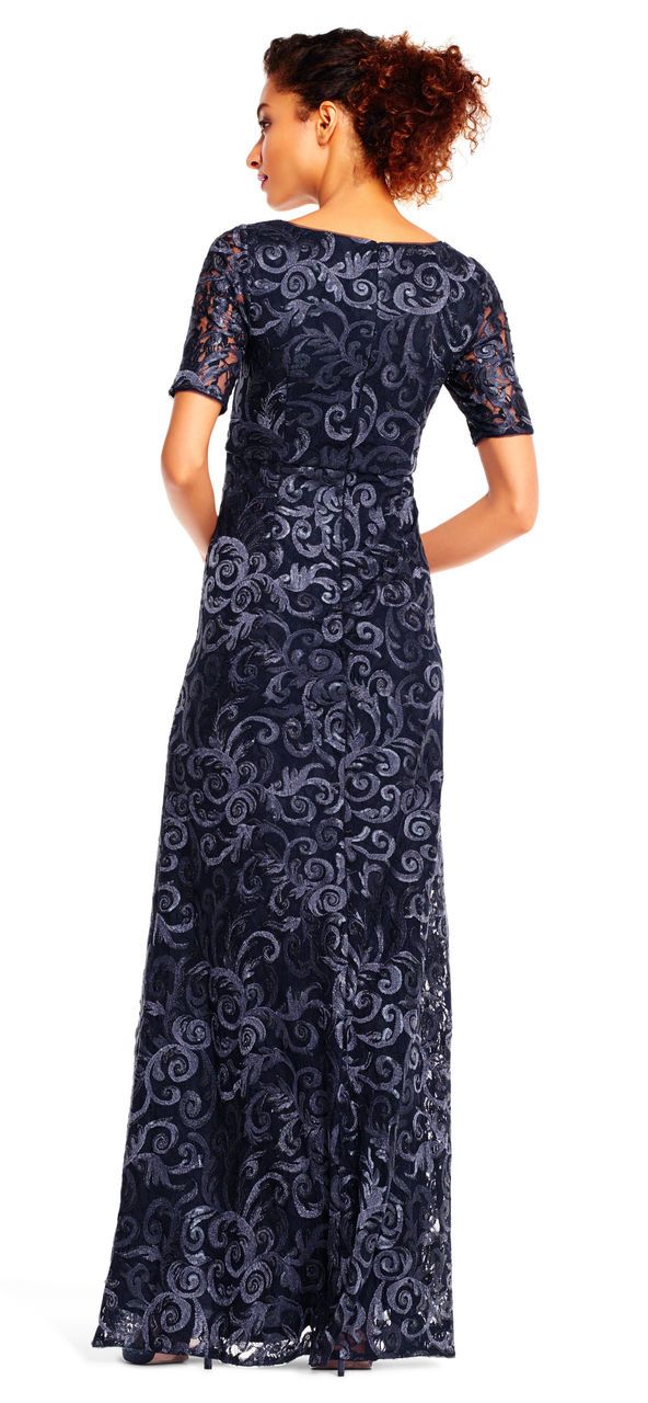 Adrianna Papell - AP1E201418 Sequin Lace Embroidered Swirl Mesh Dress in Black in Blue