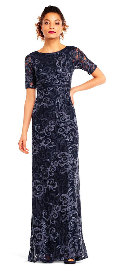 Adrianna Papell - AP1E201418 Sequin Lace Embroidered Swirl Mesh Dress in Black in Blue