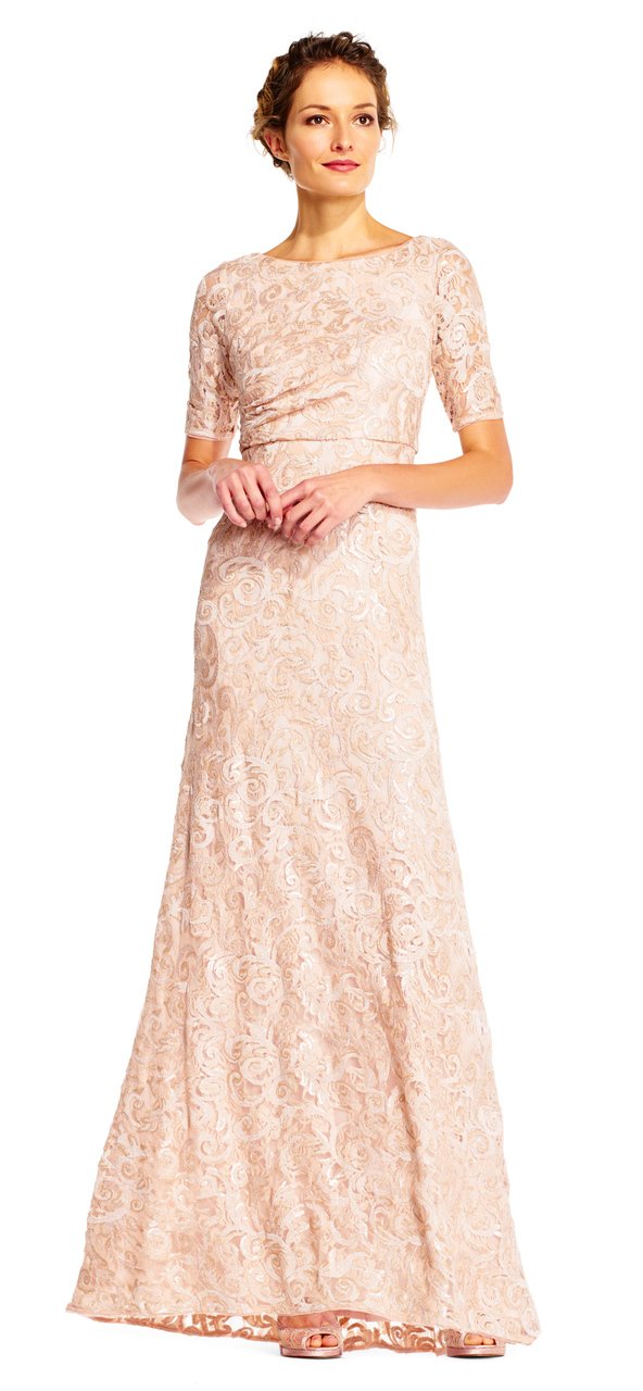 Adrianna Papell - AP1E201418 Sequin Lace Embroidered Swirl Mesh Dress in Neutral
