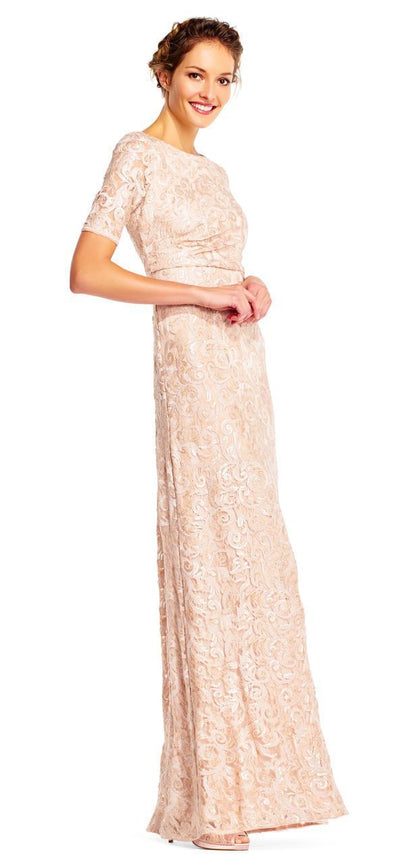 Adrianna Papell - Sequin Lace Embroidered Swirl Mesh Dress AP1E201418 in Neutral