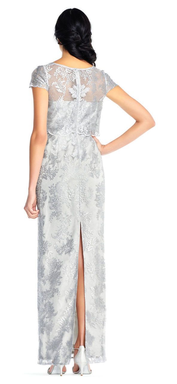 Adrianna Papell AP1E201453 Long Sheath Dress Cap Sleeves Floral Embroidered Popover Design Scalloped Trims Illusion Full Back Back Zipper Closure High Back Slit Full Length Hem ADASA