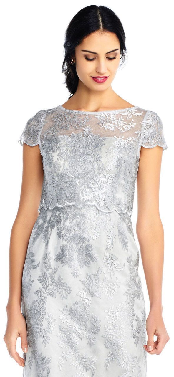 Adrianna Papell - AP1E201453 Metallic Embroidered Popover Lace Gown in Silver