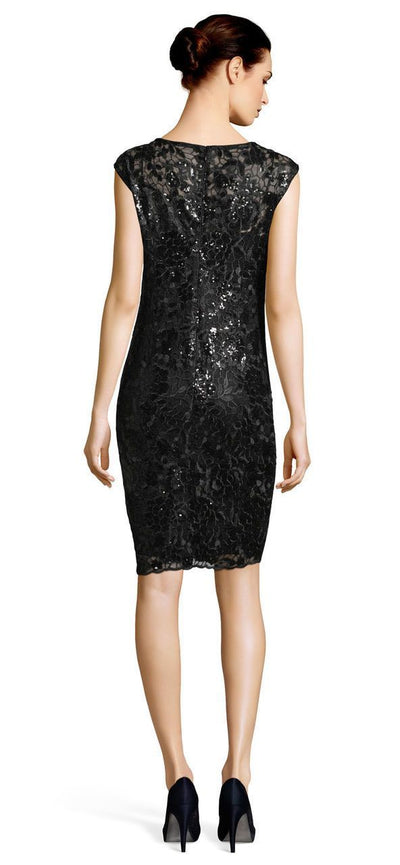 Adrianna Papell - AP1E201566 Sequined Floral Lace Knee Length Dress in Black