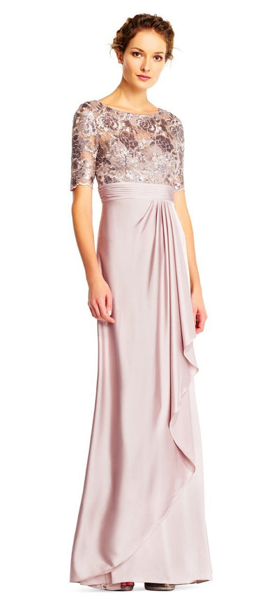 Adrianna Papell - Short Sleeves Draped Satin Dress AP1E201568 In Pink