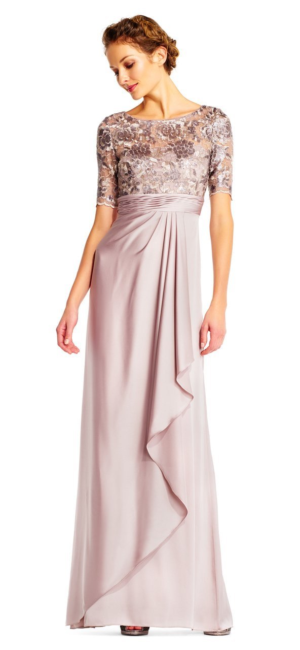Adrianna Papell - Short Sleeves Draped Satin Dress AP1E201568 In Neutral