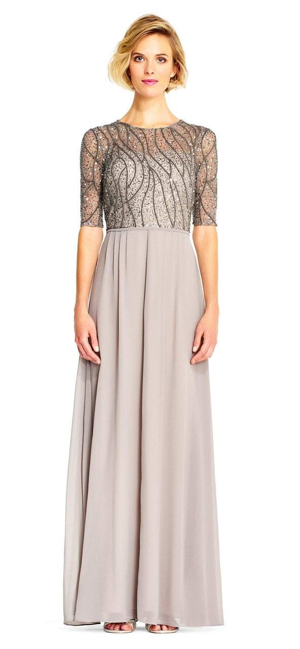 Adrianna Papell - AP1E202210 Elbow Sleeves Beaded Chiffon Gown in Silver