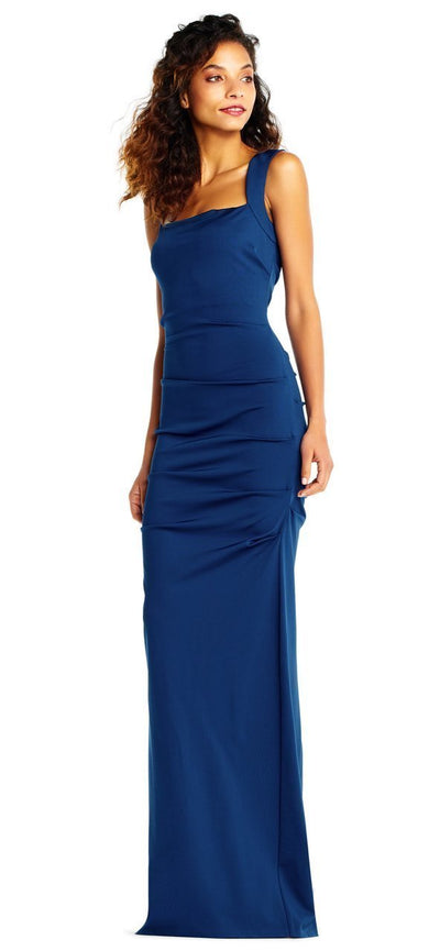 Adrianna Papell - AP1E202260 Draped Square Neck Long Sheath Gown in Blue