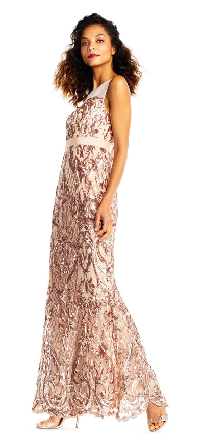 Adrianna Papell - AP1E202469 Fully Sequined Illusion Bateau Dress In Pink
