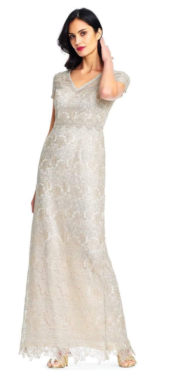 Adrianna Papell - AP1E202688 Lace V-neck Short Sleeves Evening Dress in Gold
