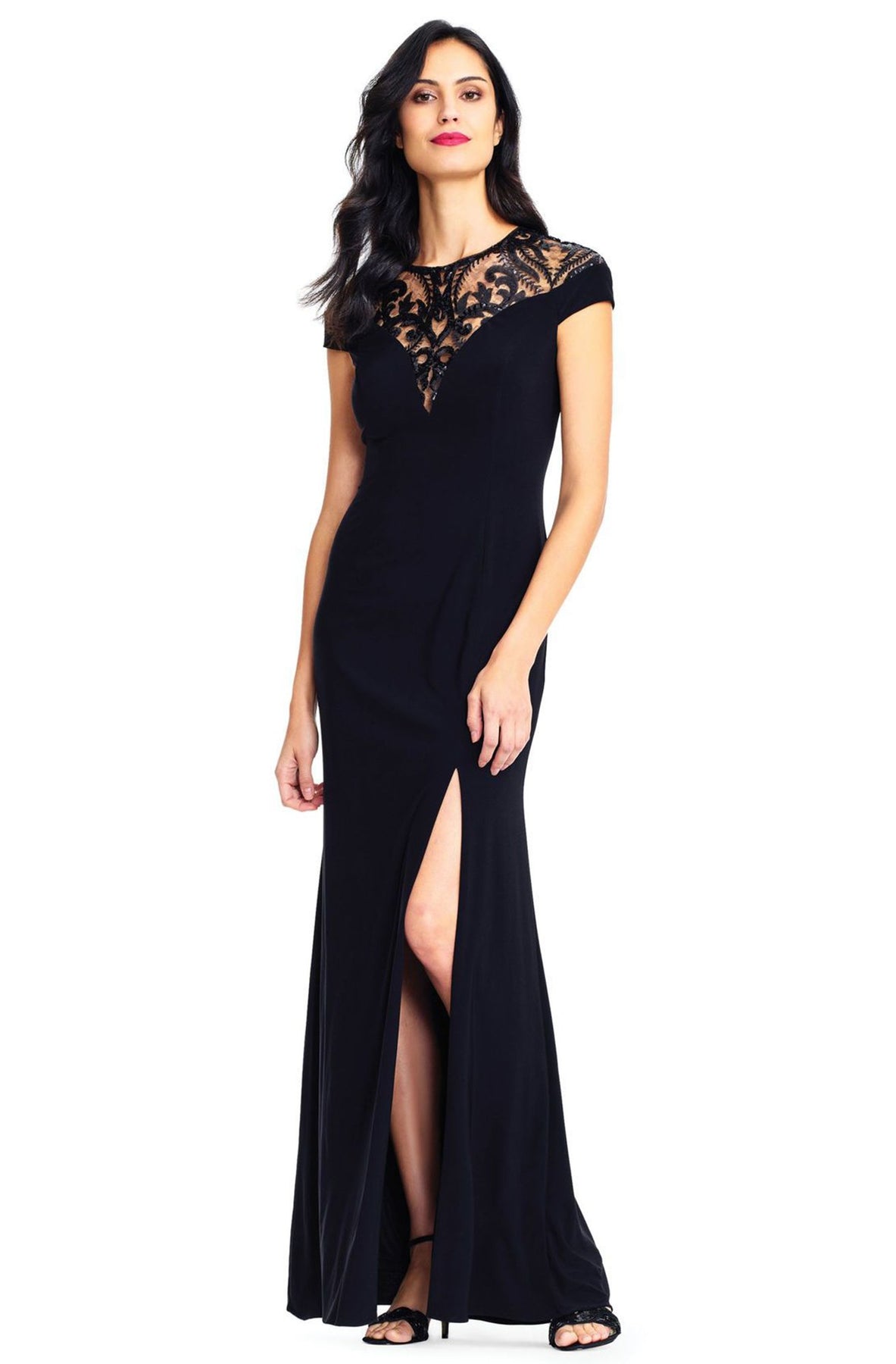 Adrianna Papell AP1E202740 - Long Sheath Dress - Cap Sleeves, Fitted Bodice, Sequins, Sheath Skirt, Jersey, Back Zipper, Slit ADASA Adrianna Papell AP1E202740 - Long Sheath Dress - Cap Sleeves, Fitted Bodice, Sequins, Sheath Skirt, Jersey, Back Zipper, Slit ADASA