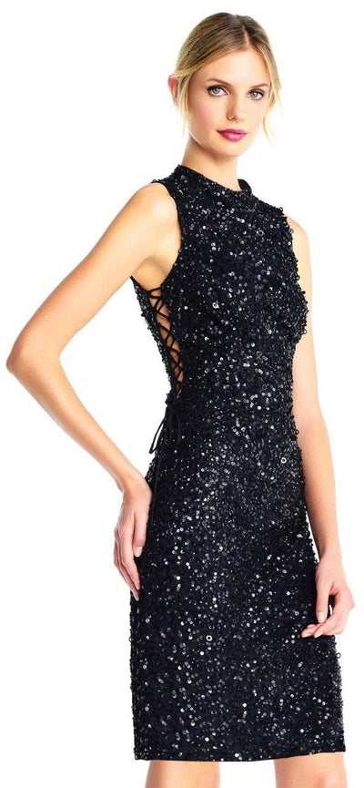 Adrianna Papell - AP1E202826 Sequined High Neck Fitted Cocktail Dress in Black