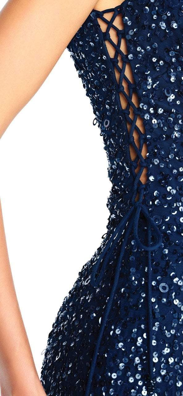 Adrianna Papell - AP1E202826 Sequined High Neck Fitted Cocktail Dress in Blue