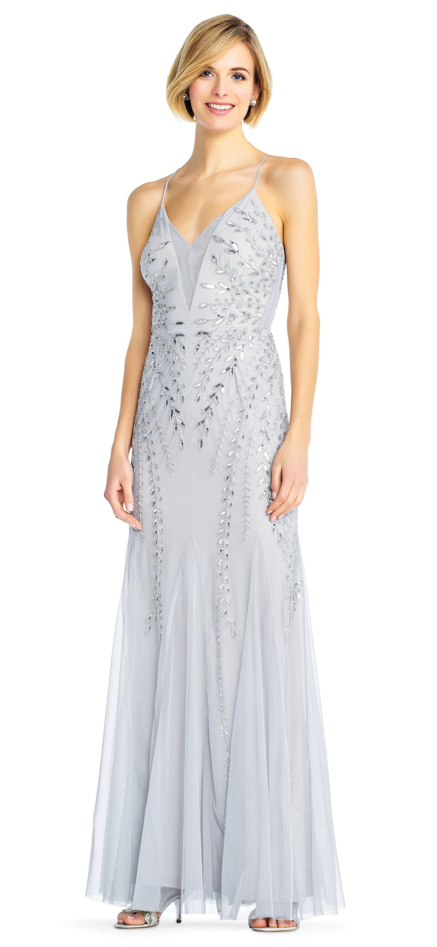 Adrianna Papell - AP1E202873 Rhinestone Embellished V-Neck Gown In Blue and Silver