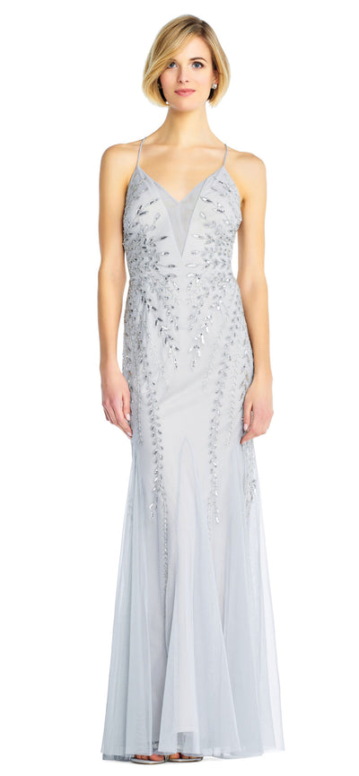 Adrianna Papell - AP1E202873 Rhinestone Embellished V-Neck Gown In Blue and Silver