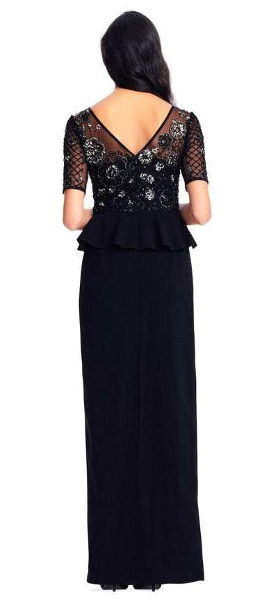 Adrianna Papell - AP1E202890 Embellished Short Sleeves Peplum Gown in Black and Silver