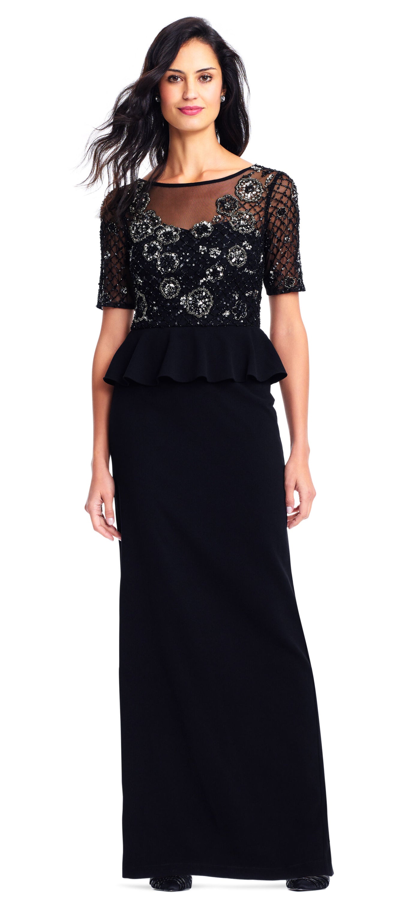 Adrianna Papell AP1E202890 - Long Sheath Dress - Sheer Neckline And Short Sleeves, Bead Embellished Bodice, Lattice Beadworks, Peplum, Full Length, V Back, Back Zipper Closure ADASA Adrianna Papell AP1E202890 - Long Sheath Dress - Sheer Neckline And Short Sleeves, Bead Embellished Bodice, Lattice Beadworks, Peplum, Full Length, V Back, Back Zipper Closure ADASA