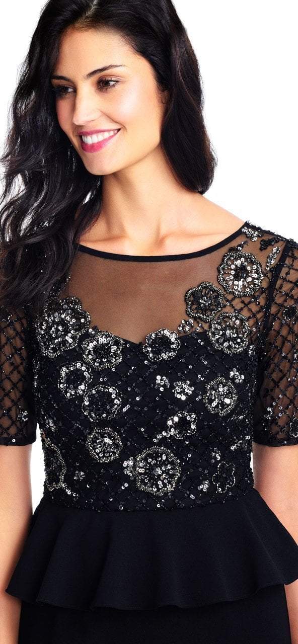 Adrianna Papell - AP1E202890 Embellished Short Sleeves Peplum Gown in Black and Silver