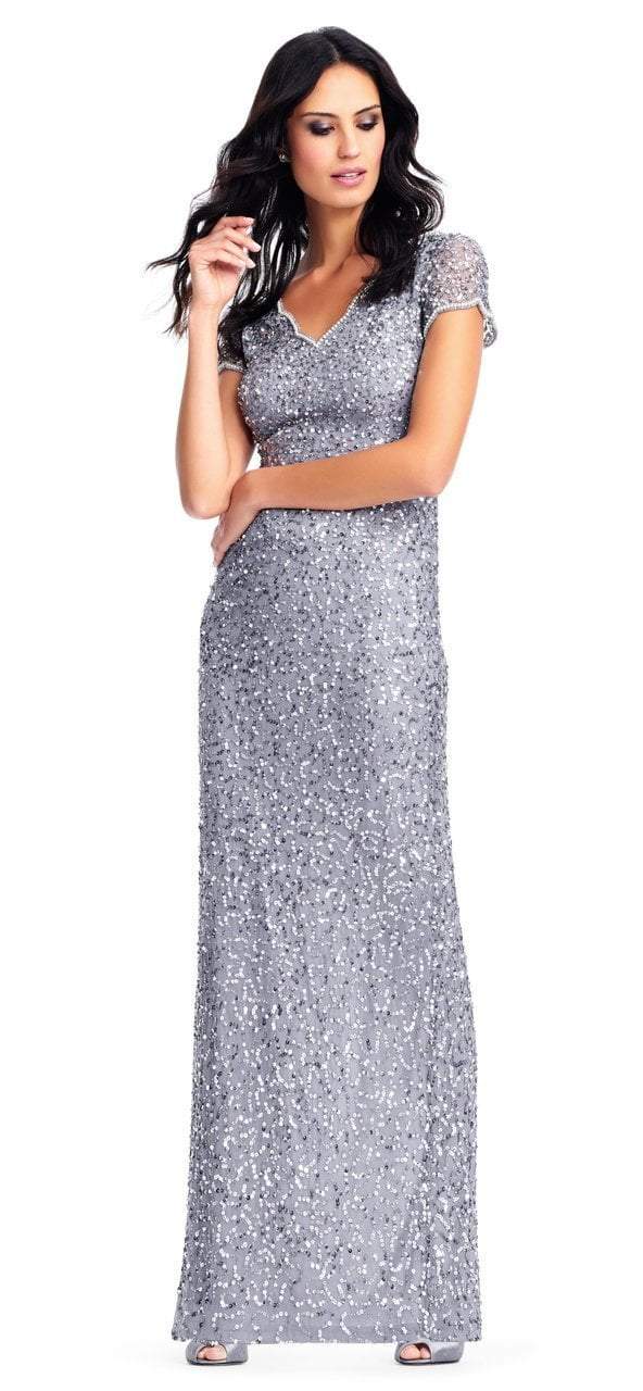 Adrianna Papell - AP1E202907 Fully Sequined Short Sleeves Evening Gown in Silver and Gray