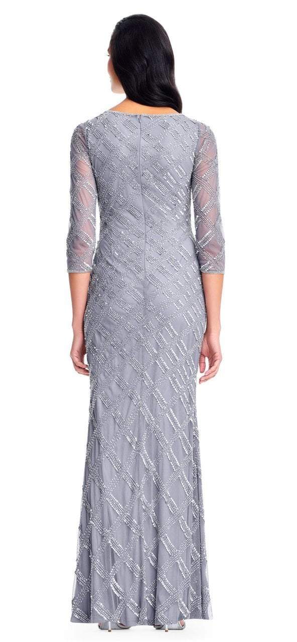 Adrianna Papell - AP1E202919 Beaded Sheer Quarter Length Sleeves Dress in Silver and Gray