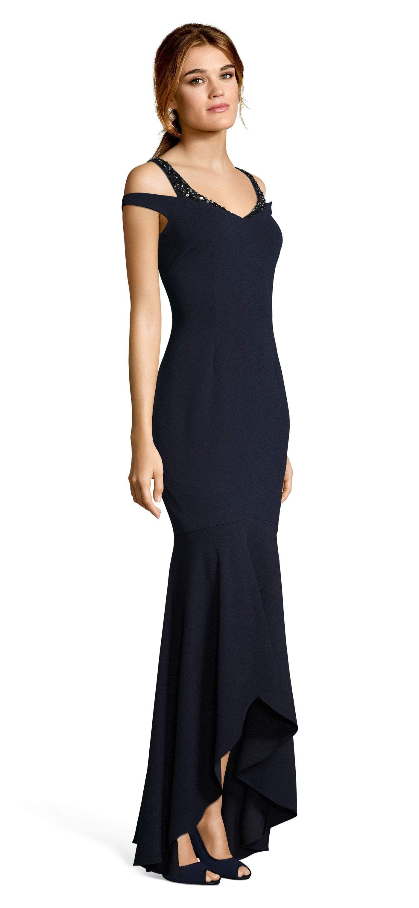 Adrianna Papell - AP1E202959 V-Neck Fitted Trumpet High Low Dress In Blue