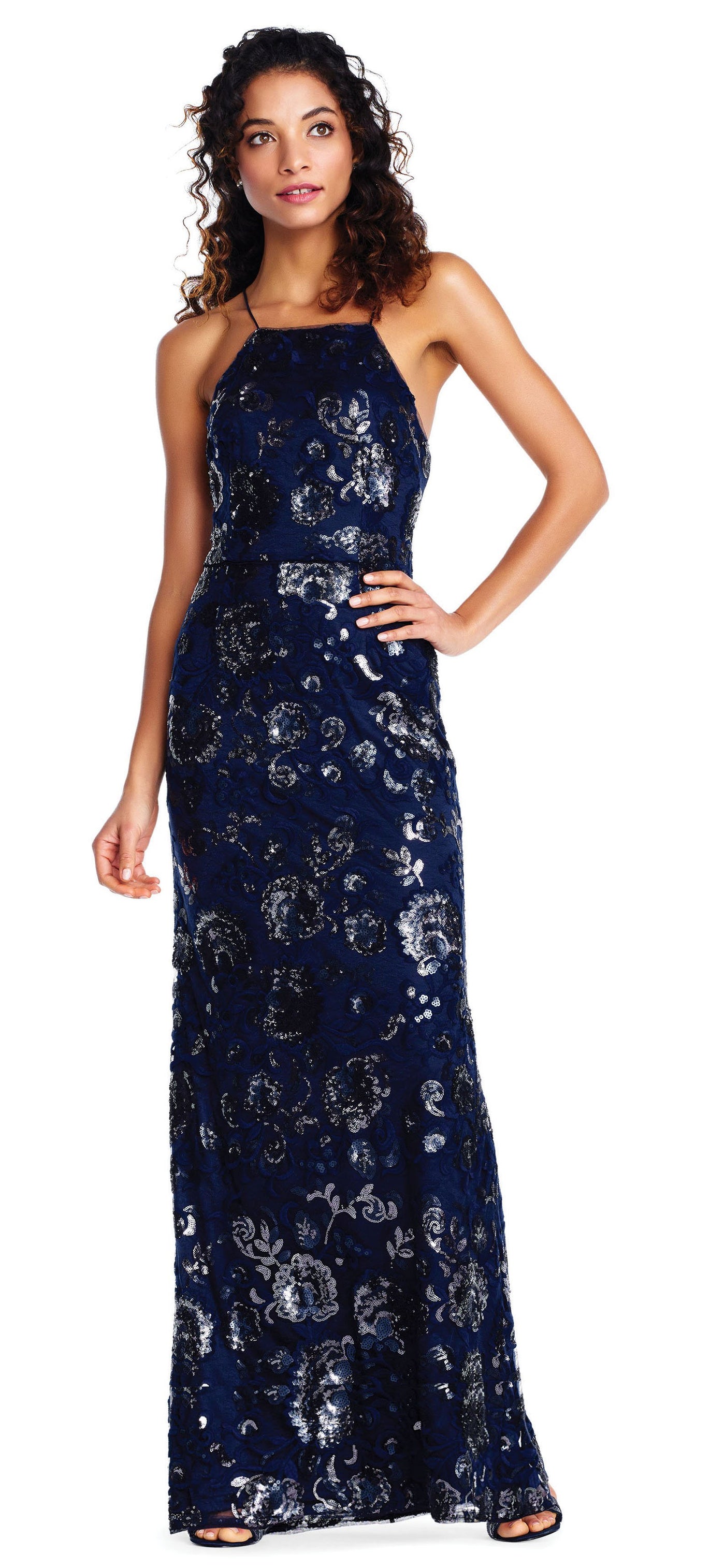 Adrianna Papell AP1E202991 - Long Sheath Dress - Sleeveless, Floral Sequins, Fitted Bodice, Sheath Skirt, Halter Straps ADASA Adrianna Papell AP1E202991 - Long Sheath Dress - Sleeveless, Floral Sequins, Fitted Bodice, Sheath Skirt, Halter Straps ADASA