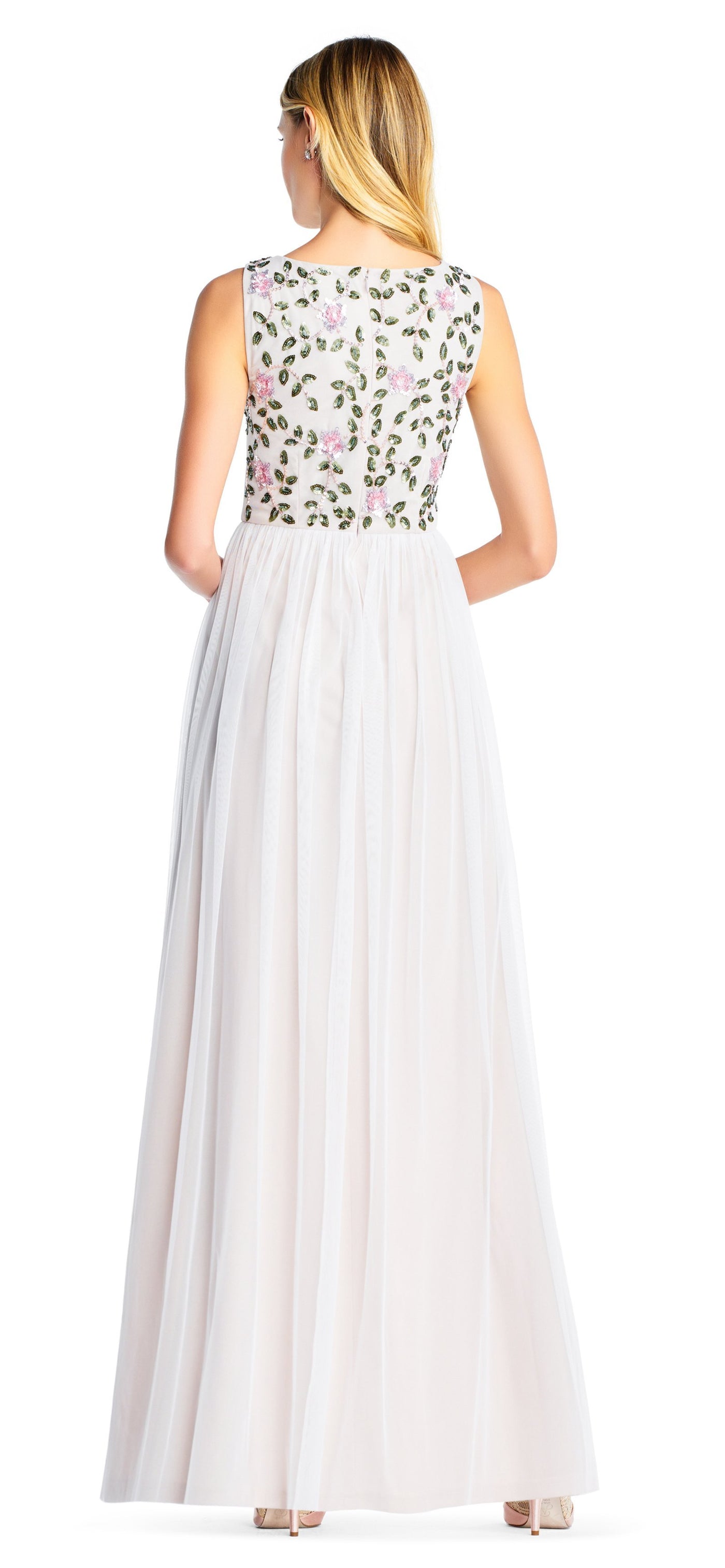 Adrianna Papell - AP1E203409 Bedazzled Bateau Mesh A-line Dress In White and Multi-Color