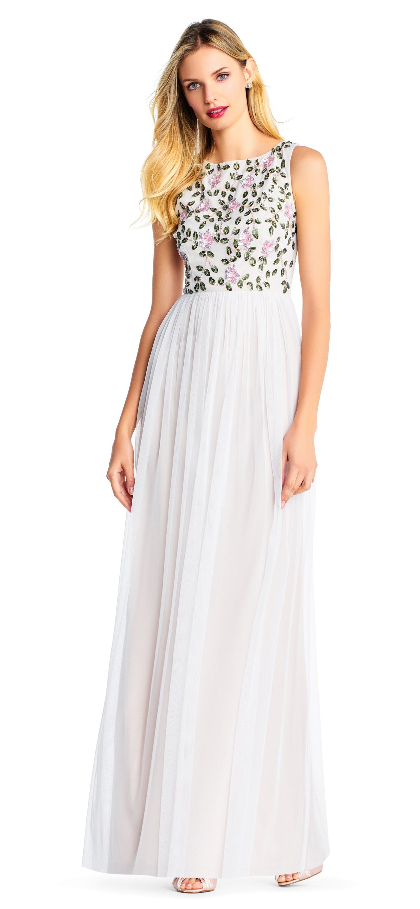 Adrianna Papell - AP1E203409 Bedazzled Bateau Mesh A-line Dress In White and Multi-Color