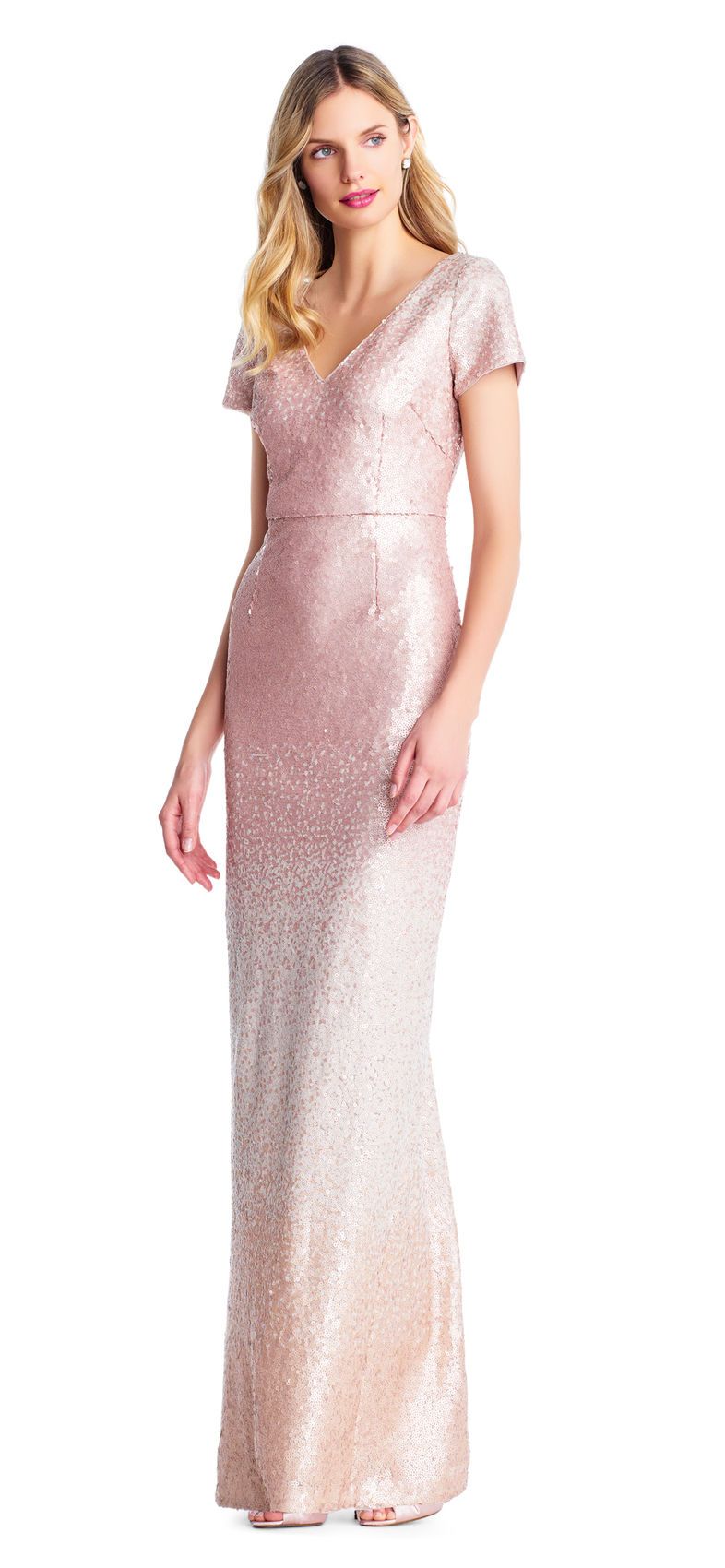Adrianna Papell - AP1E203460 Sequin Embellished V-Neck Dress In Pink and Multi-Color
