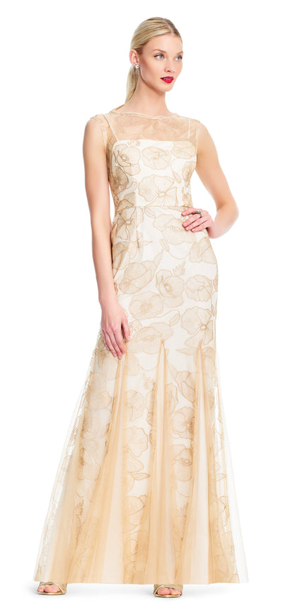 Adrianna Papell - AP1E203566 Floral Sheer Bateau Trumpet Dress In Gold