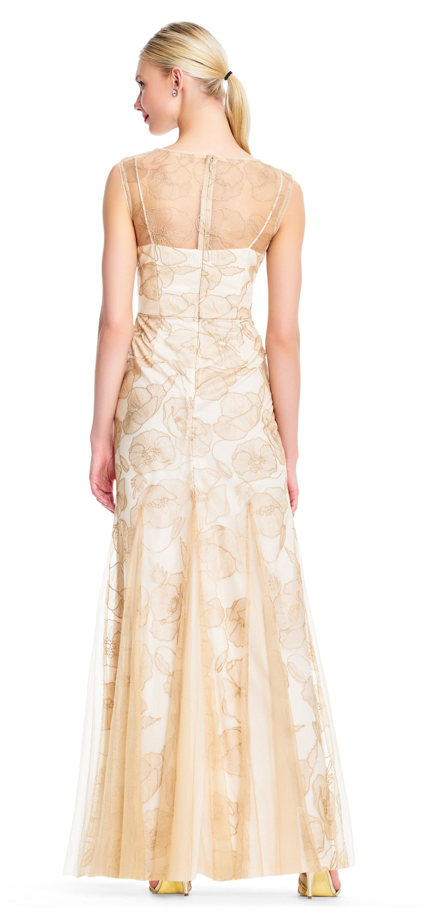 Adrianna Papell - AP1E203566 Floral Sheer Bateau Trumpet Dress In Gold