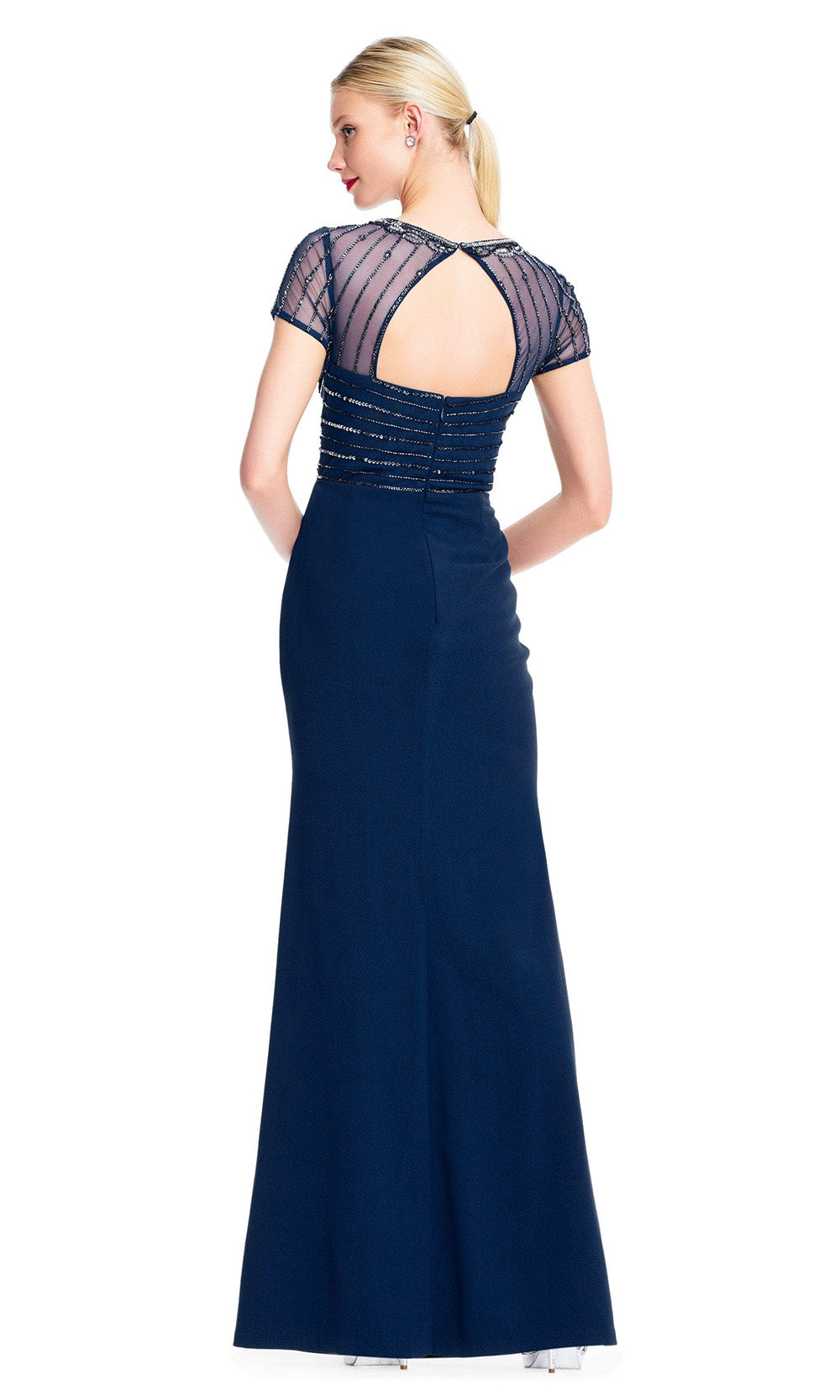 Adrianna Papell - Sheer Short Sleeves Beaded Sequin Long Gown AP1E203646SC In Blue