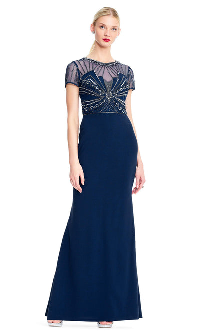 Adrianna Papell - Sheer Short Sleeves Beaded Sequin Long Gown AP1E203646SC In Blue