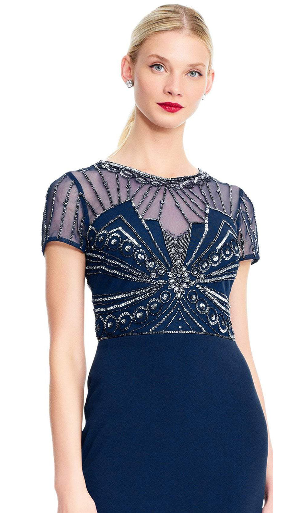 Adrianna Papell - Sheer Short Sleeves Beaded Sequin Long Gown AP1E203646SC In Blue