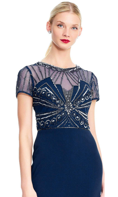 Adrianna Papell - Sheer Short Sleeves Beaded Sequin Long Gown AP1E203646SC In Blue