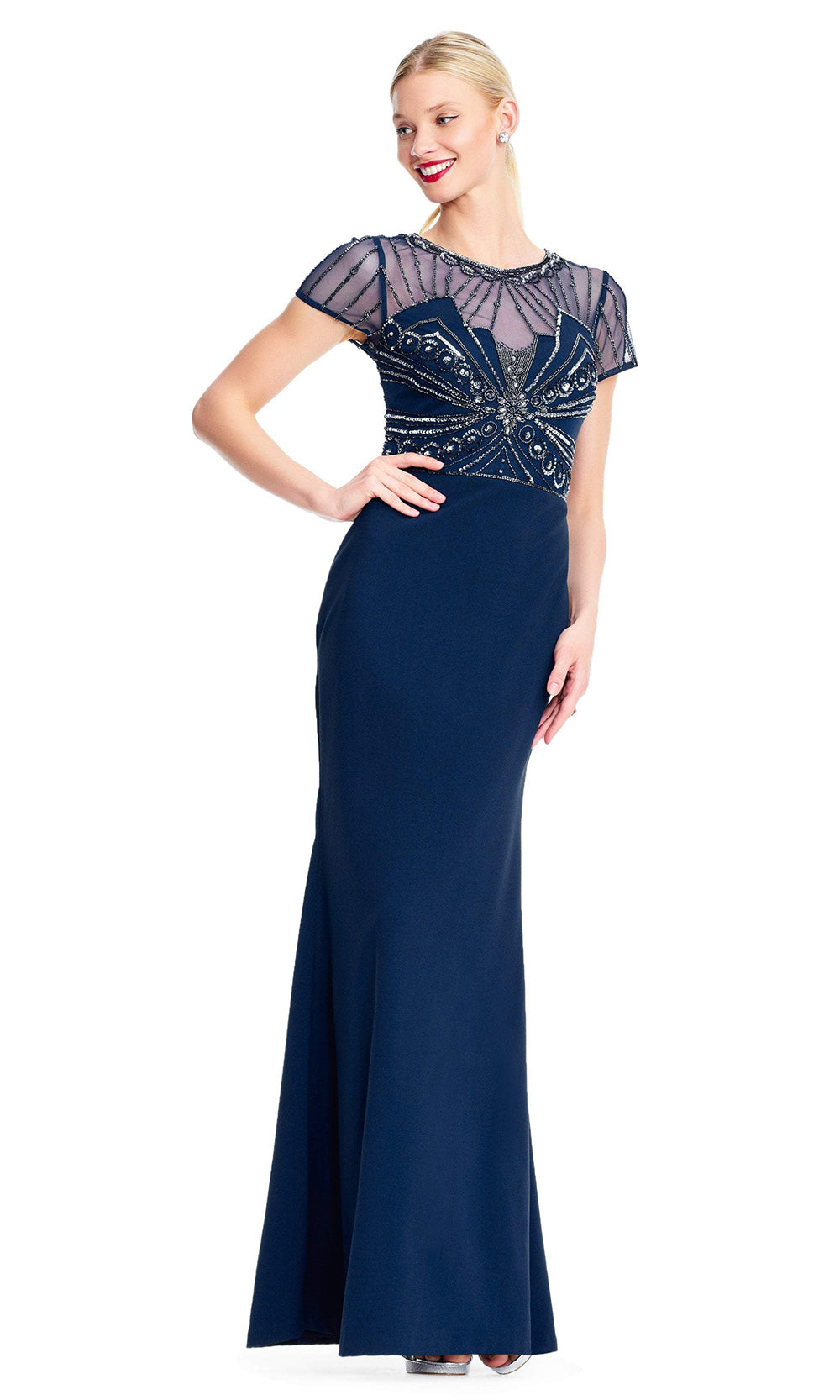 Adrianna Papell - Sheer Short Sleeves Beaded Sequin Long Gown AP1E203646SC In Blue