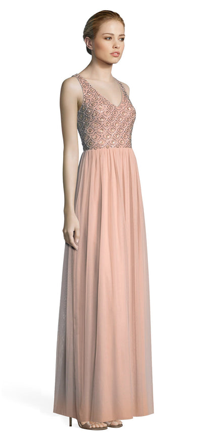 Adrianna Papell - AP1E203719 Beaded V-neck Long A-line Dress In Pink