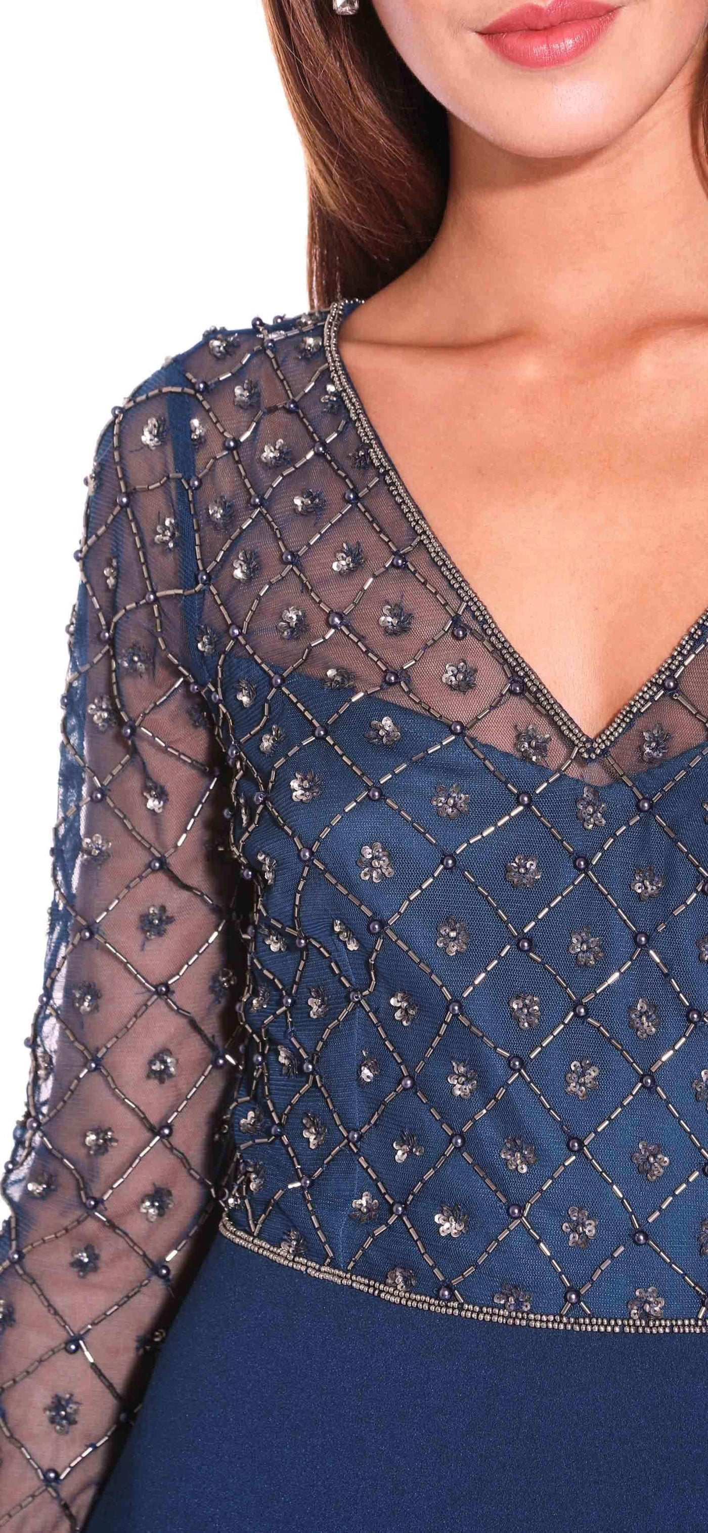 Adrianna Papell - Embellished V-Neck Evening Dress AP1E203730 - 1 pc Deep Blue In Size 2 Available CCSALE 2 / Deep Blue