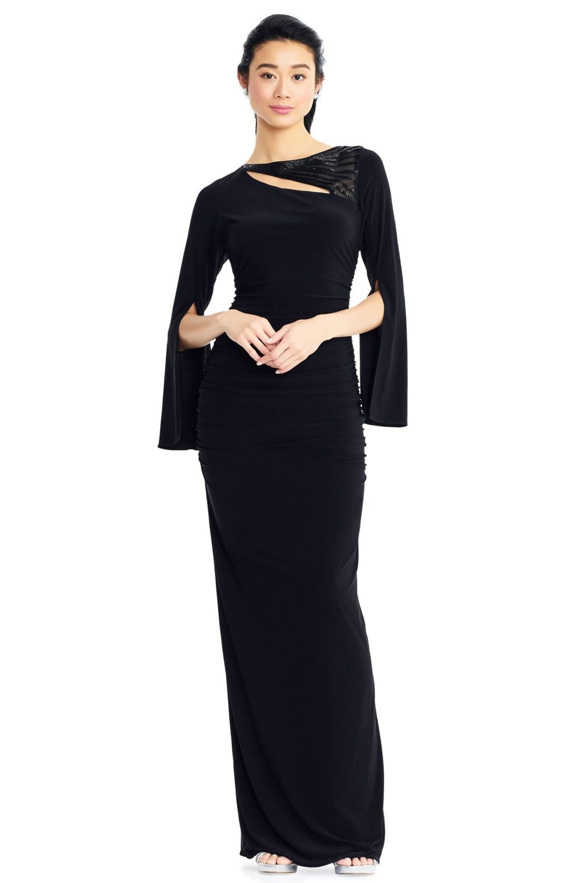 Adrianna Papell AP1E203780 - Long Sheath Dress - Long Slit Sleeves, Ruching, Back Zipper, Jersey, Sheath Skirt, Back Zipper, Center Back Slit ADASA Adrianna Papell AP1E203780 - Long Sheath Dress - Long Slit Sleeves, Ruching, Back Zipper, Jersey, Sheath Skirt, Back Zipper, Center Back Slit ADASA