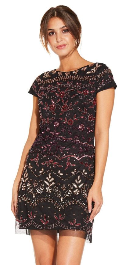 Adrianna Papell - AP1E203885 Bedazzled Bateau Mesh Sheath Dress In Black and Multi-Color