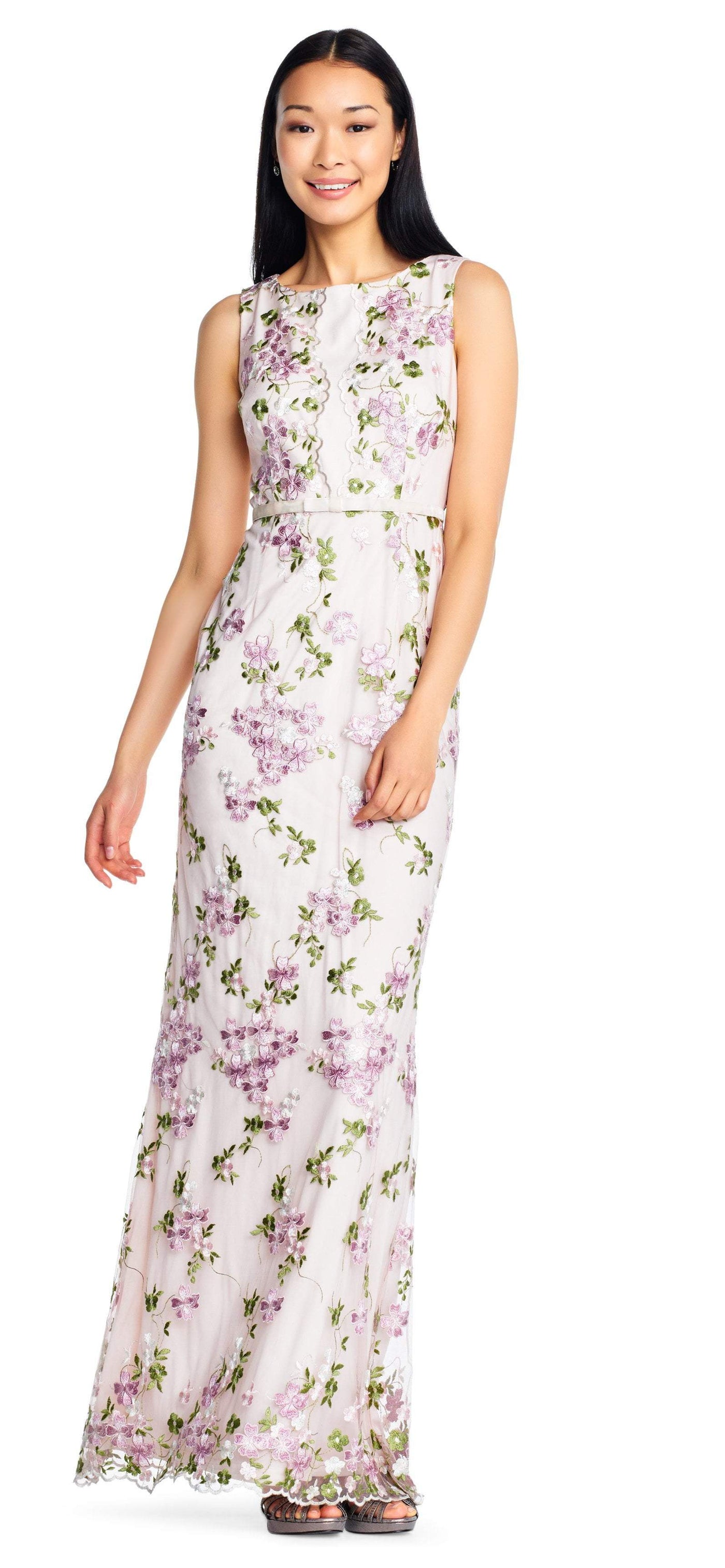 Adrianna Papell AP1E204015 - Long Sheath Dress - Sleeveless, Back Zipper, Floral Embroidery, Bow Belt, Fitted Bodice, Sheath Skirt, Back Zipper, Scalloped Hemline ADASA Adrianna Papell AP1E204015 - Long Sheath Dress - Sleeveless, Back Zipper, Floral Embroidery, Bow Belt, Fitted Bodice, Sheath Skirt, Back Zipper, Scalloped Hemline ADASA