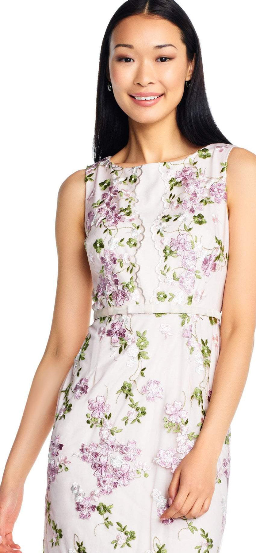 Adrianna Papell AP1E204015 - Long Sheath Dress - Sleeveless, Back Zipper, Floral Embroidery, Bow Belt, Fitted Bodice, Sheath Skirt, Back Zipper, Scalloped Hemline ADASA Adrianna Papell AP1E204015 - Long Sheath Dress - Sleeveless, Back Zipper, Floral Embroidery, Bow Belt, Fitted Bodice, Sheath Skirt, Back Zipper, Scalloped Hemline ADASA