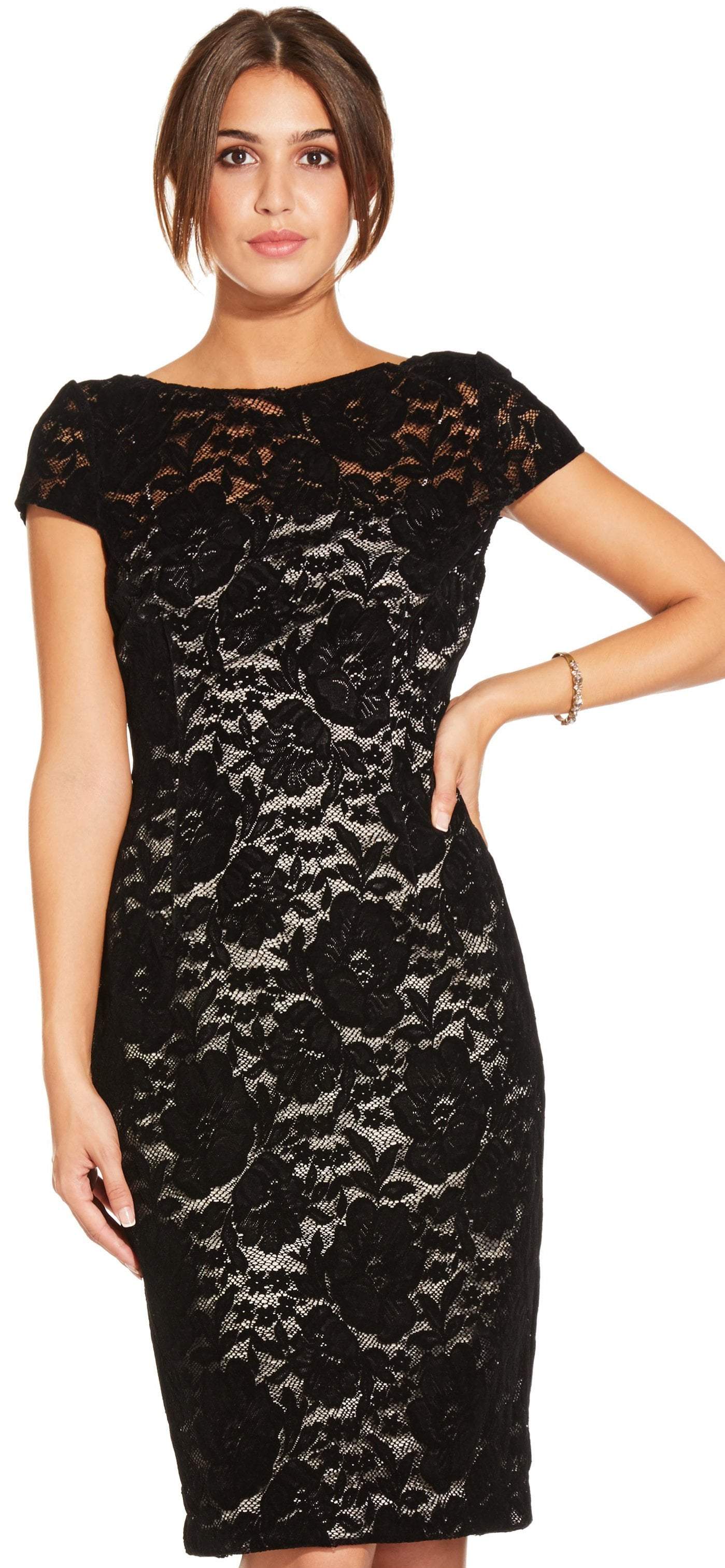 Adrianna Papell - AP1E204098 Floral Lace Cap Sleeve Sheath Dress In Black and Neutral