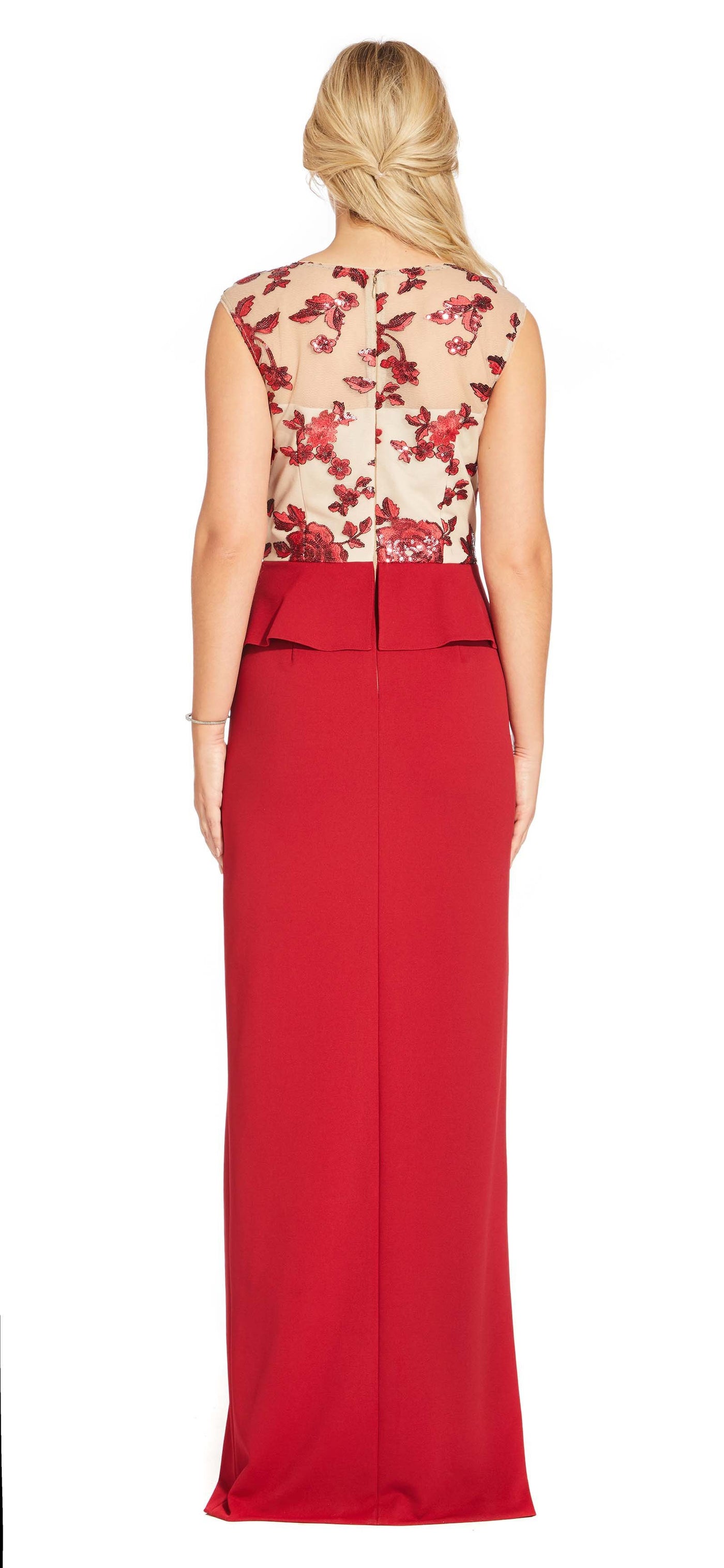 Adrianna Papell - AP1E204361 Floral Sequined Peplum Dress with Slit In Red and Nude